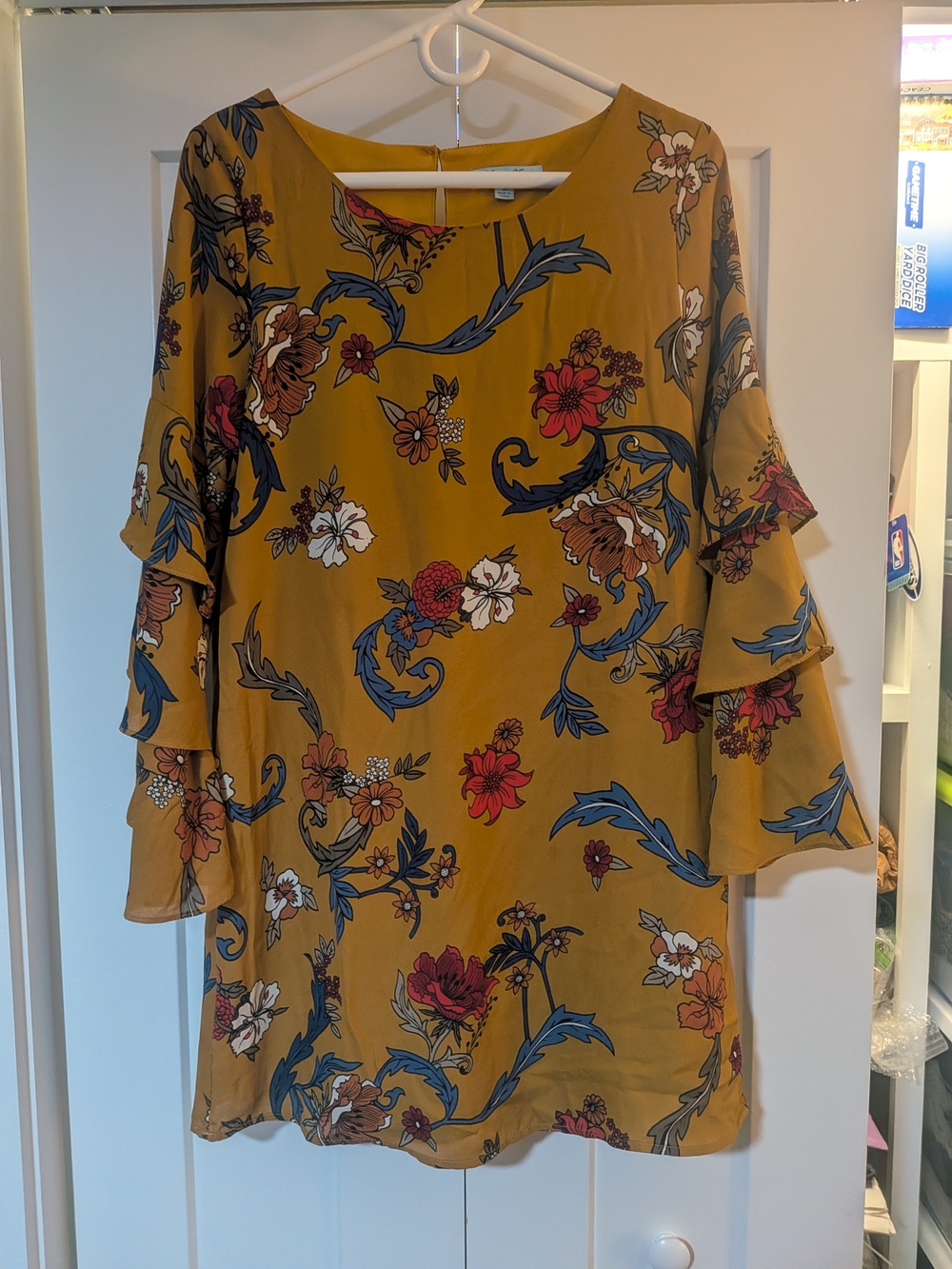 She + Sky Multicolored Mustard Floral Dress With Ruffle Bell Sleeve Size S